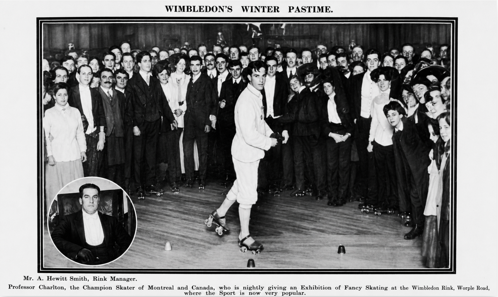 Newspaper page headlined Wimbledon's Winter Pastime, with inset portrait of Mr A. Hewitt Smith, Rink Manager